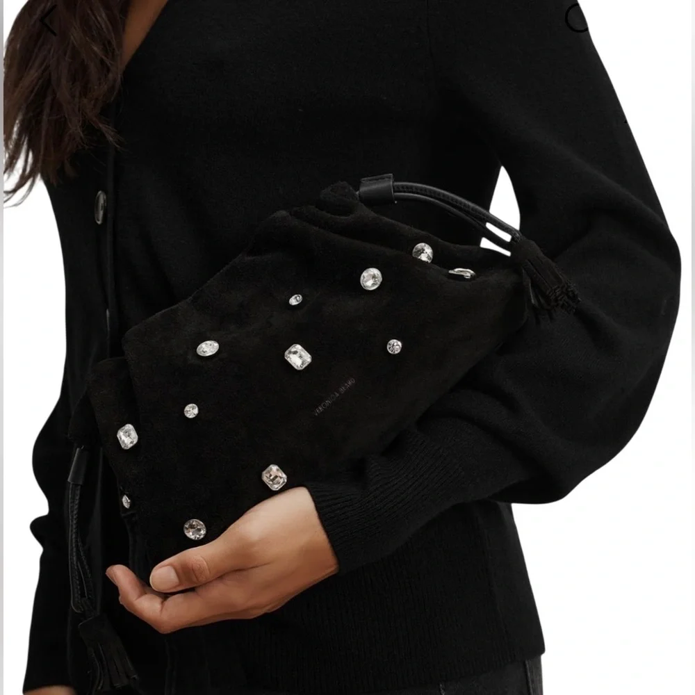 Veronica Beard Small Crystal-Studded Suede Clutch Bag